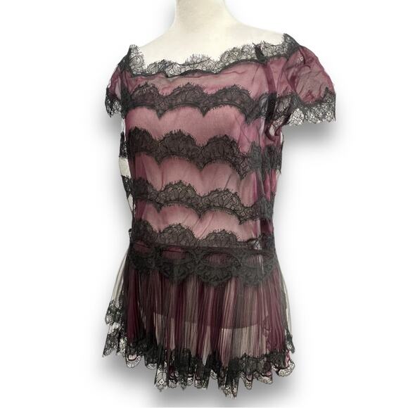 OSCAR de la RENTA✨🎄🥂Vintage Sheer black lace & pink almost off shoulder top SZ - Picture 8 of 16